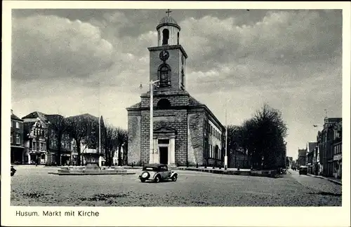 Ak Husum in Nordfriesland, Markt mit Kirche