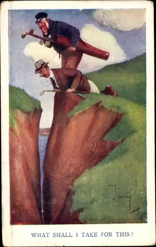 Künstler Ak Was tut man in dem Falle, Golfspieler, Golfball in Felsspalte