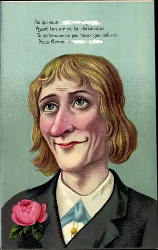 Ak Portrait von einem blonden Mann mit Rose am Revers Karikatur