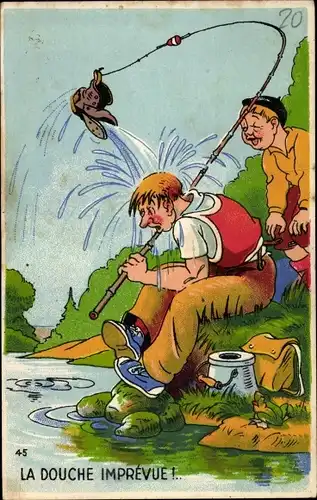 Ak La douche impreuve, Angler hat Schuh am Haken