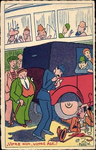 Künstler Ak Juhlin, Votre nom, votre age, Verkehrsunfall, Mann wurde überfahren