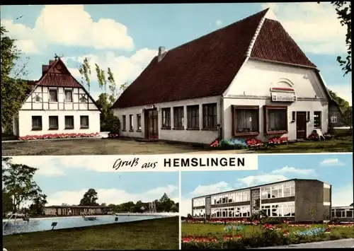 Ak Hemslingen in Niedersachsen, Gasthaus De Buernschenk, Schule, Freibad