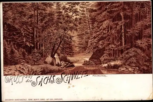 Litho Hohnstein in der Sächsischen Schweiz, Partie am Fluss, Wald, Polenztal