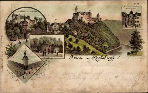 Litho Rochsburg Lunzenau in Sachsen, Thorhaus, Schloss, Pulverturm, Treppenhaus