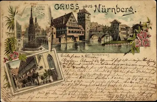 Litho Nürnberg in Mittelfranken, Henkersteg, schöner Brunnen, Bratwurstglöcklein