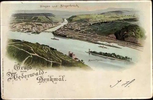 Litho Bingerbrück Bingen am Rhein, Mäuseturm, Niederwalddenkmal, Bingen