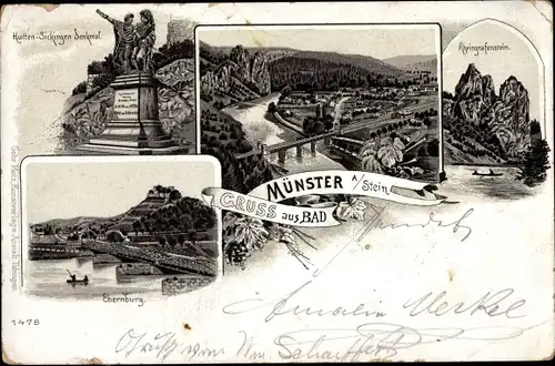 Litho Bad Münster am Stein, Rheingrafenstein, Ebernburg, Ort, Denkmal