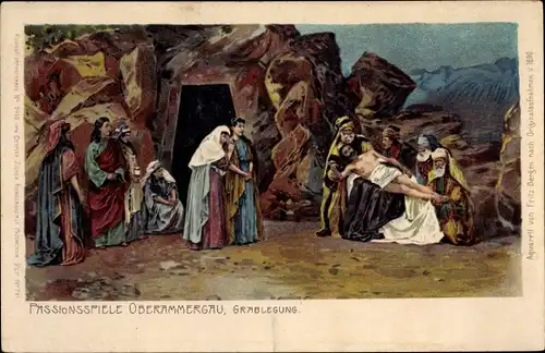 Litho Oberammergau in Oberbayern, Passionsspiele, Grablegung