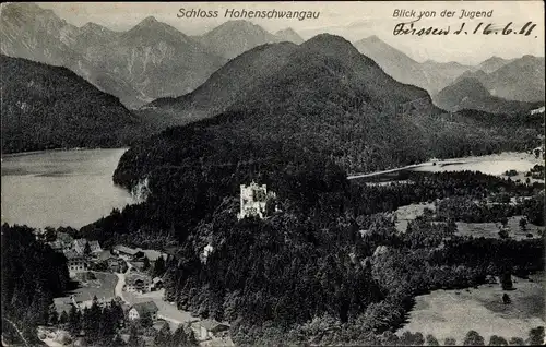 Ak Hohenschwangau Schwangau im Ostallgäu, Schloss, Blick von der Jugend