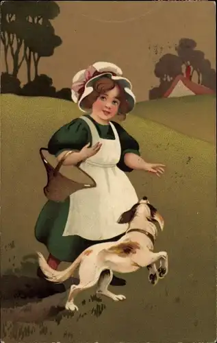 Ak Mädchen mit Korb und Hund auf einer Wiese