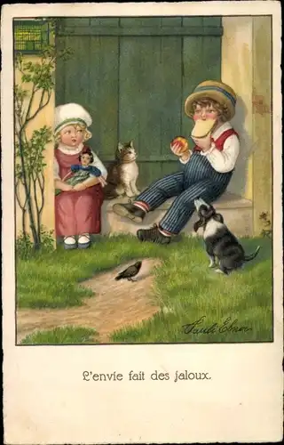 Künstler Ak Ebner, Pauli, L'envie fait des jaloux, Kinder, Katze, Hund