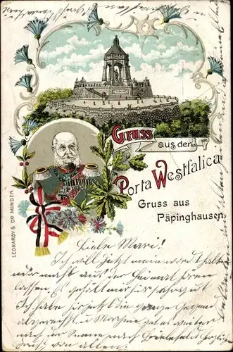 Litho Porta Westfalica an der Weser, Kaiser Wilhelm Denkmal, Gruss aus Päpinghausen