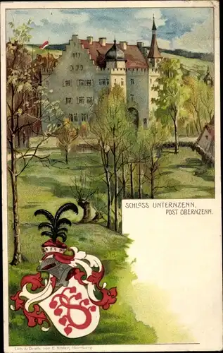 Litho Unternzenn Obernzenn in Mittelfranken, Schloss, Wappen