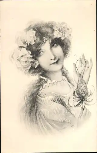 Künstler Ak Portrait einer Frau mit Blumen im Haar