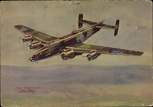 Künstler Ak Petit, Louis, Britisches Kampfflugzeug Handley Page Halifax Mark III, Avions Alliés