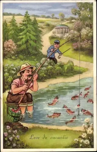 Künstler Ak Angler am Teich, Fische, Pfeife, Leve de vacantie
