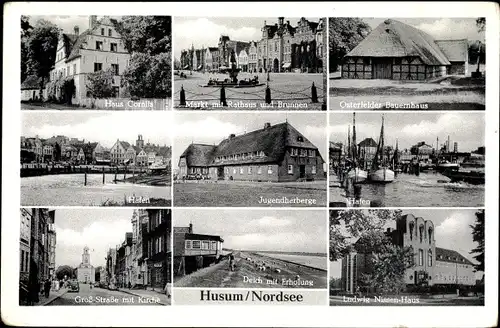 Ak Husum in Nordfriesland, Jugendherberge, Hafen, Groß Straße, Kirche, Markt, Rathaus