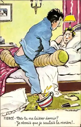 Künstler Ak Mann im Schlafanzug tritt in vollen Nachttopf