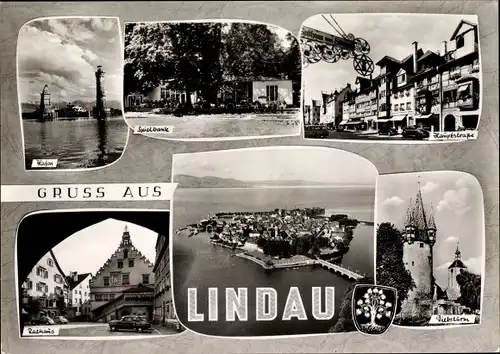 Ak Lindau am Bodensee Schwaben, Hafen, Spielbank, Hauptstraße, Rathaus, Diebsturm, Wappen