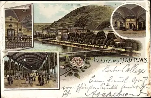 Litho Bad Ems im Rhein Lahn Kreis, Kurgarten, Kesselbrunnen, Wandelbahn