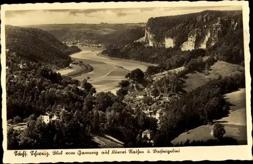 Ak Rathen an der Elbe Sächsische Schweiz, Gesamtansicht, Basteigebiet