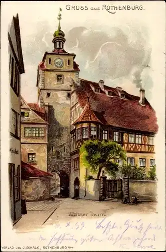 Litho Rothenburg ob der Tauber Mittelfranken, Straßenpartie, Weisser Turm