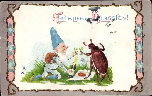 Passepartout Ak Glückwunsch Pfingsten, Zwerg, Maikäfer, Sekt