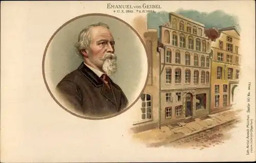 Litho Lyriker Emanuel von Geibel, Geburtshaus in Lübeck