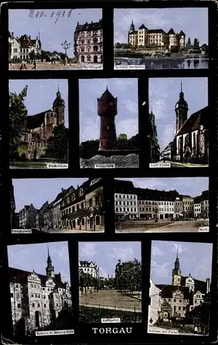 Ak Torgau an der Elbe, Wasserturm, Schloss Hartenfels, Fleischmarkt, Stadtkirche
