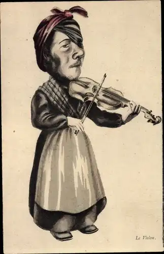 Ak Le Violon, Geigenspieler in Frauenkleidern, verbundenes Auge