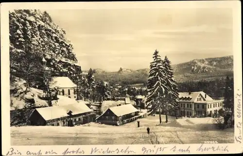 Ak Oybin Oberlausitz, Ort im Winter mit Scharfenstein