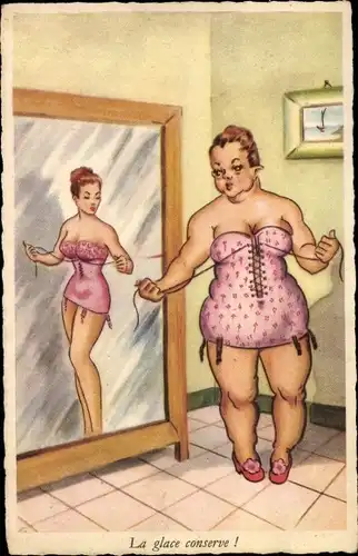 Ak Junge Frau träumt von schlanker Figur, Spiegelbild