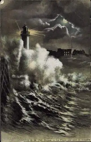 Künstler Ak Dieppe Seine Maritime, Le Phare une nuit de tempete