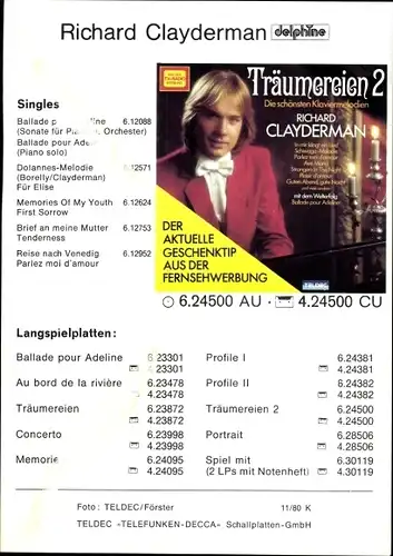 Ak Pianist Richard Clayderman, Autogramm, Musikalbum Träumereien 2