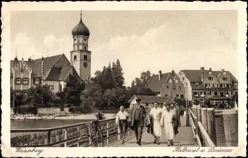 Ak Wasserburg am Bodensee Schwaben, Ortsansicht, Passanten, Brücke, Fahrrad