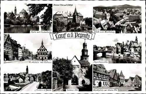 Ak Lauf an der Pegnitz Mittelfranken, Kaiser Wenzel Schloss, Moritzberg, Judenturm, Marktplatz, Tor