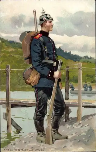 Künstler Litho Hoffmann, A., Deutscher Soldat, Infanterie, Gewehr, Rucksack, Pickelhaube