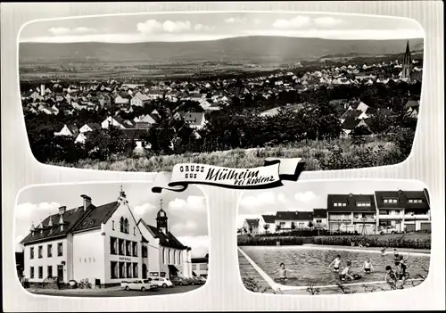 Ak Mülheim Kärlich in Rheinland Pfalz, Rathaus, Schwimmbad, Gesamtansicht