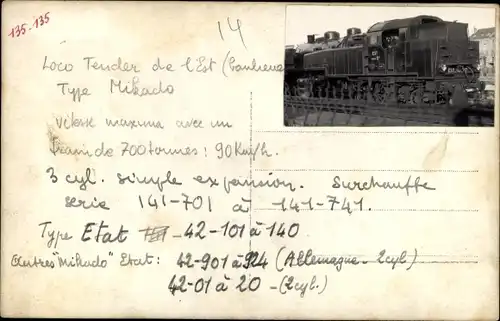 Foto Ak Locomotive Francaise, Loco Tender de l'Est (banlieue) Type Mikado 141 704