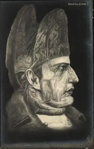 Künstler Ak Napoleon Bonaparte, Metamorphose, Gesicht aus Schlachtszenen