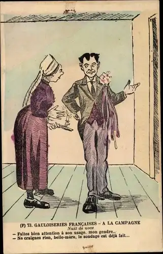 Ak Ehepaar beim Gespräch, Gauloiseries Francaises, A la Campagne, Nuit de noce