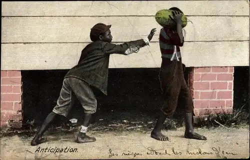 Ak Anticipation, dunkelhäutige Kinder mit Wassermelone