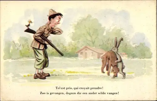 Künstler Ak Hase bringt Jagdhund zum Jäger