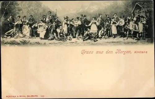 Ak Gruß aus den Bergen, Almtanz, Trachten, Lederhose, Dirndl