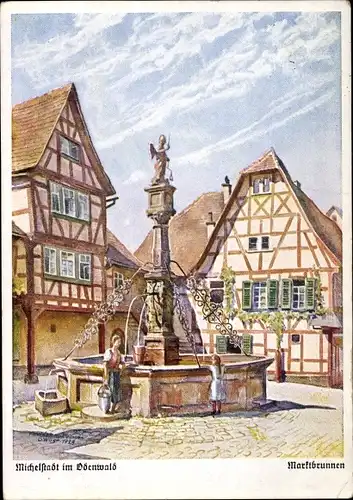 Künstler Ak Wüst, G., Michelstadt im Odenwald, Marktbrunnen