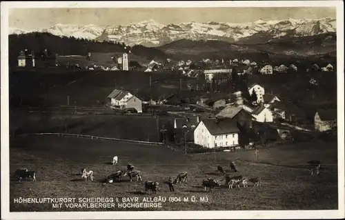 Ak Scheidegg Allgäu Vorarlberger Hochgebirge, Panoramaansicht von Ortschaft, Kuhweide