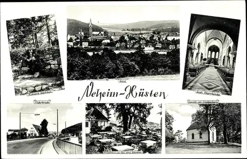 Ak Neheim Hüsten im Sauerland, Panorama vom Ort, Gasthof, Terrasse, Kircheninneres