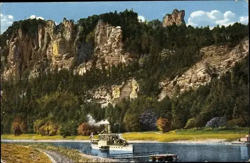 Ak Rathen an der Elbe Sächsische Schweiz, Salondampfer zum Anleger, Felswände