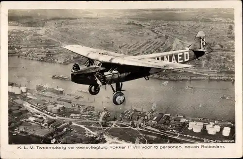 Ak Rotterdam Südholland Niederlande, Verkehrsflugzeug, KLM, Fokker F.VII in der Luft