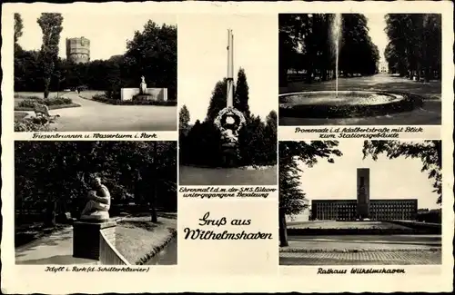 Ak Wilhelmshaven in Niedersachsen, Friesenbrunnen und Wasserturm im Park, Rathaus, Ehrenmal
